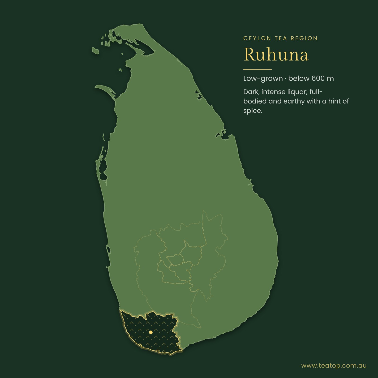 Map of Sri Lanka highlighting the Ruhuna tea region where Ocean Breeze  is grown